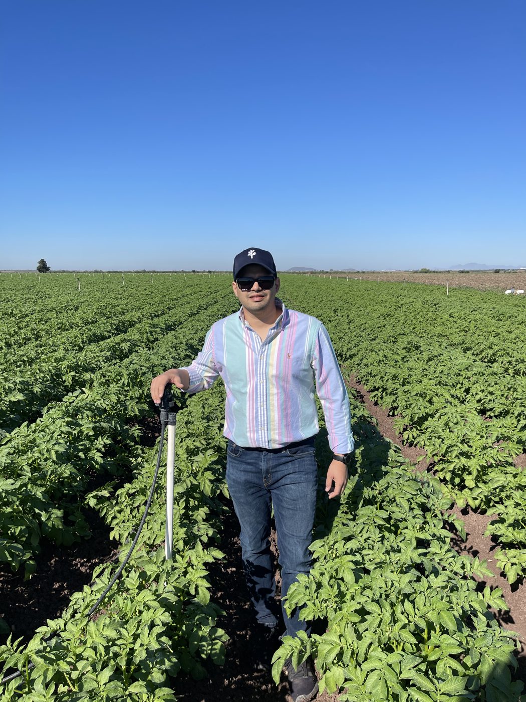 Yair de pie en un cultivo con sistema de riego